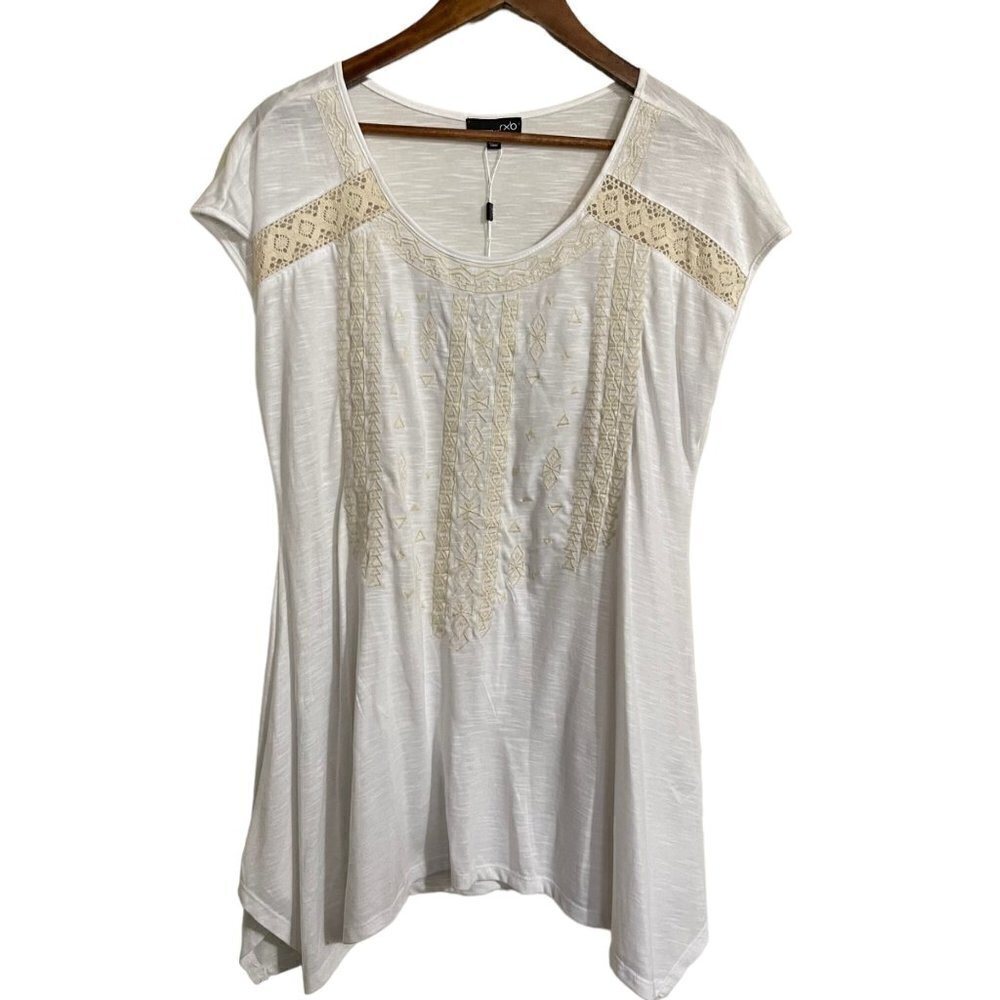RXB Womens NWT White Cream Embroidered Shark Bite Hem Bohemian Blouse Large